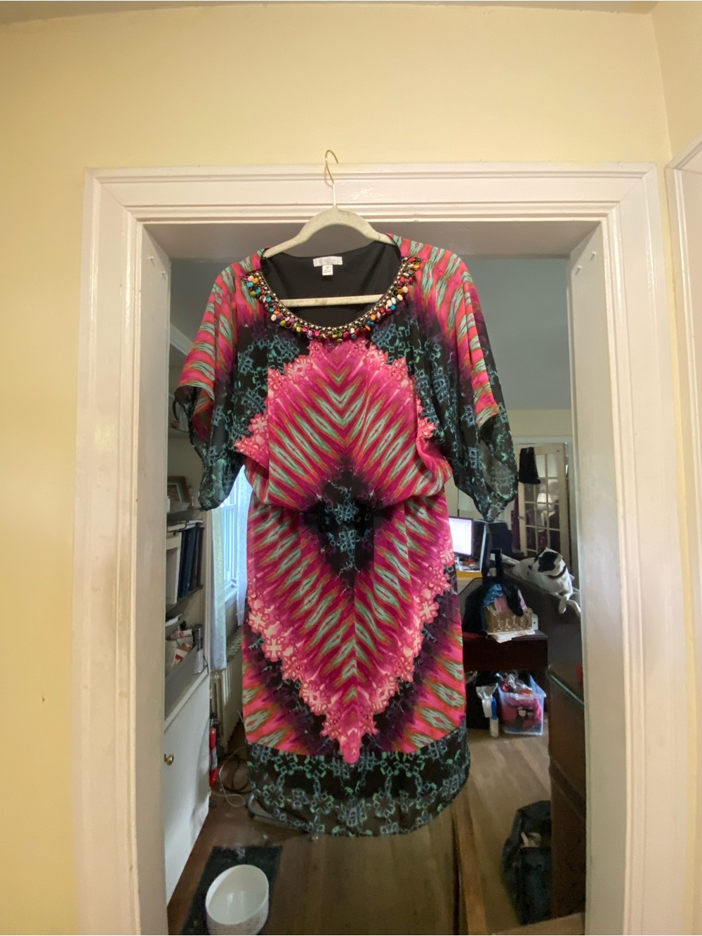 Chico's Pink and Teal Beaded Neckline Mini Dress